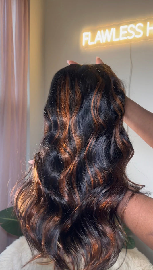 "NEXT LEVEL" Body Wave U Part Wig - Natural Black With Golden Brown Highlights